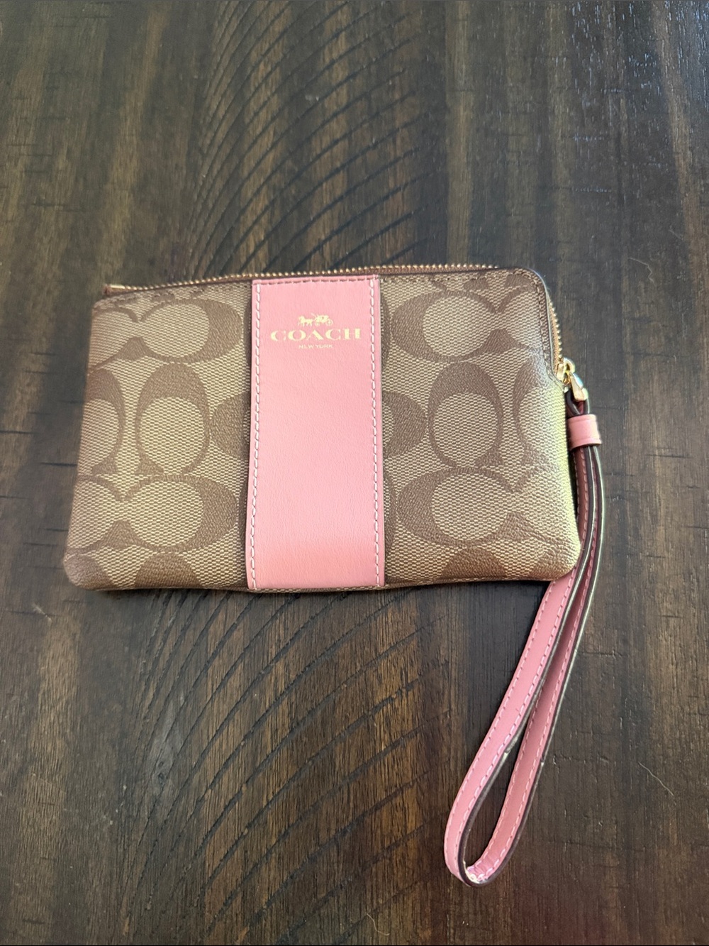 Coach Brown Monogram Wristlet with Pink Leather Stripe